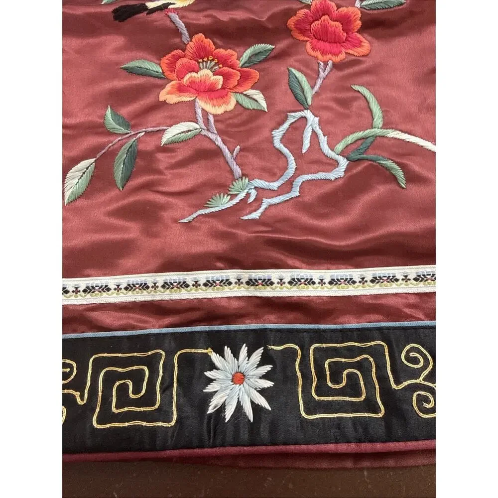 Vtg Dun Huang Beijing Silk Embroidered Pillow Cover Bird Peony Chinoiserie 16x16